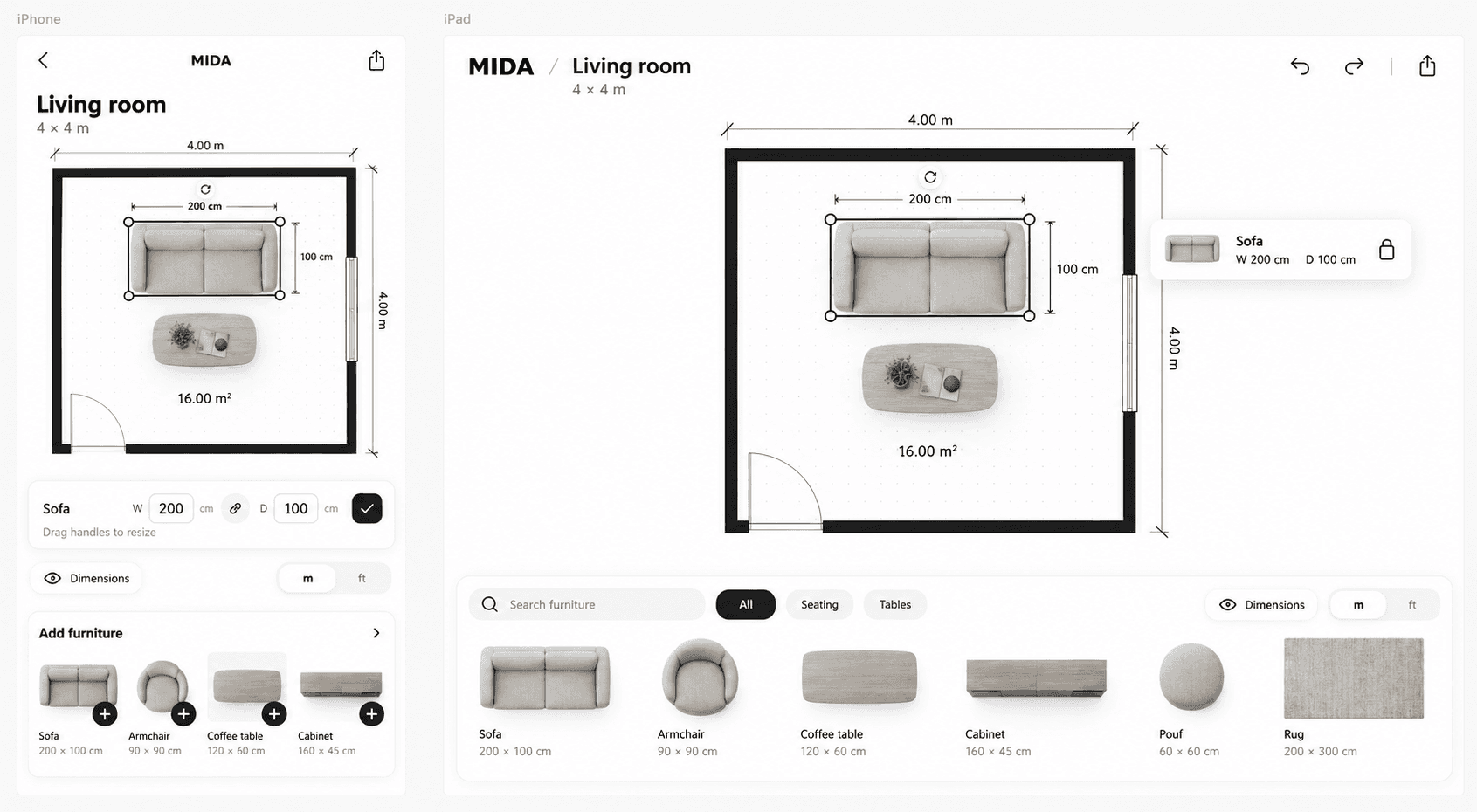 MIDA Studio interface design showing an architectural floor plan on iPhone and iPad
